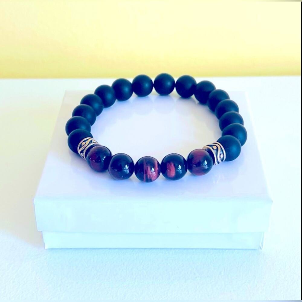 Red Tiger Eye & Black Onyx Beaded Bracelet Sterling Silver Accents